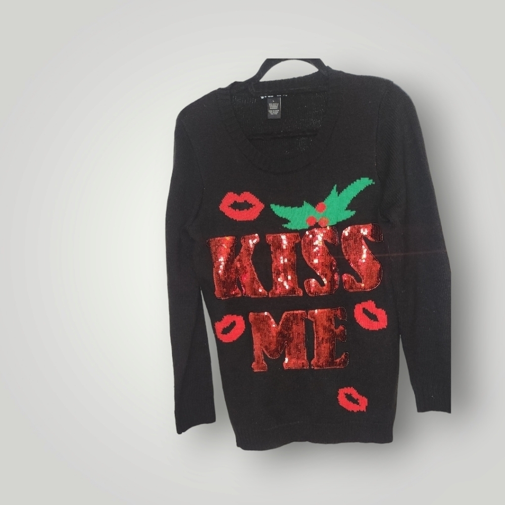 Womens Ugly Christmas Sweater Small Black Kiss Me Mistletoe Sequins Large